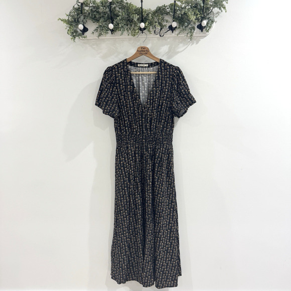 Marine Layer Dresses & Skirts - Marine Layer Black And Tan Annika Floral Flowy Short Sleeve Midi Dress Size M